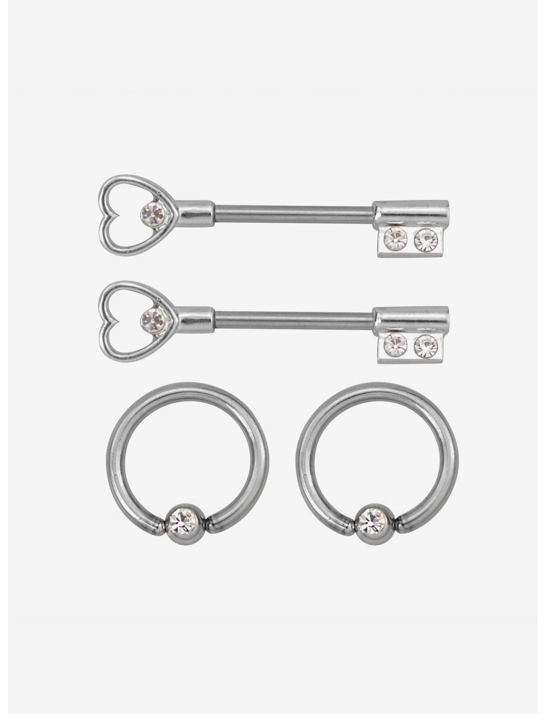14G Steel Silver Keys Nipple Barbell & Captive Hoop 4 Pack, , hi-res