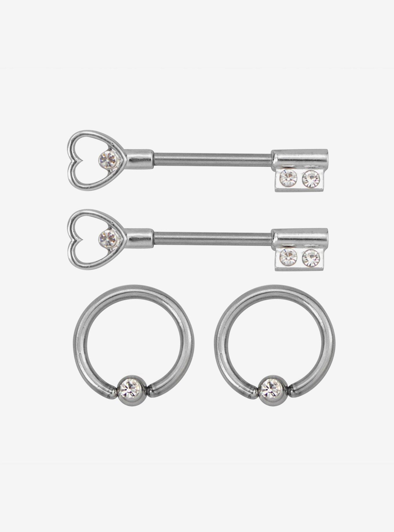 14G Steel Silver Keys Nipple Barbell & Captive Hoop 4 Pack, , hi-res