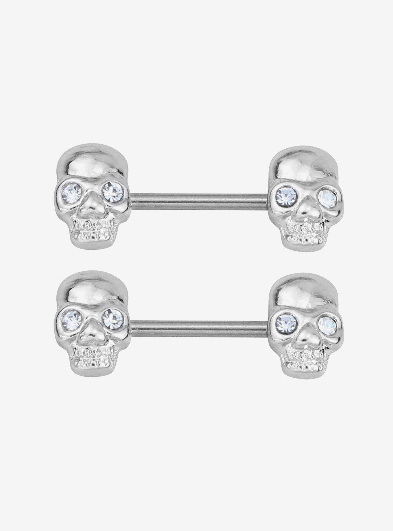 14G Steel Skulls Nipple Barbell 2 Pack, , hi-res