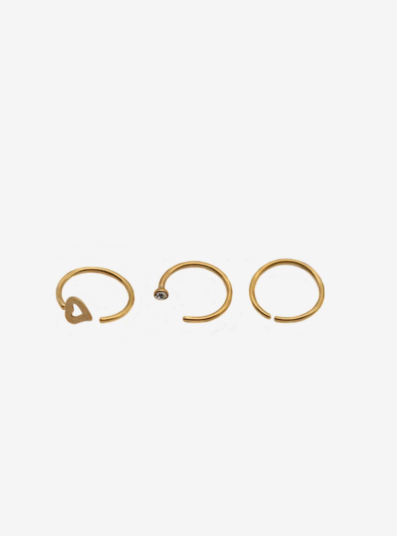 Steel Gold Heart Seamless & Open Nose Hoop 3 Pack, GOLD, hi-res