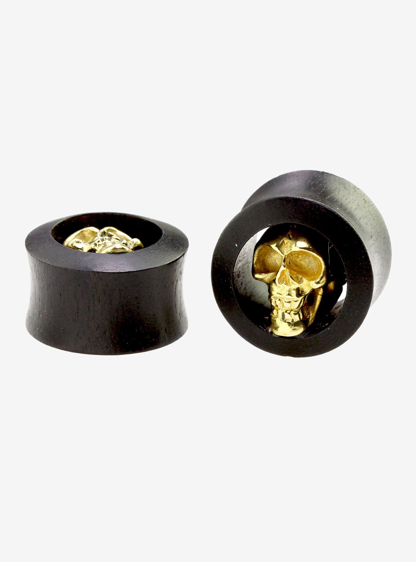 Ebony Wood Skull Tunnel Plugs 2 Pack, BROWN, hi-res