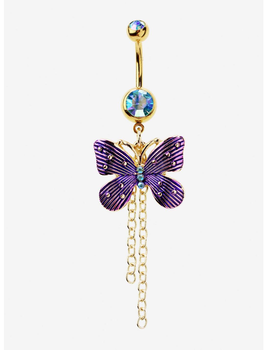 14G Steel Gold Purple Butterfly Dangle Navel Barbell, , hi-res