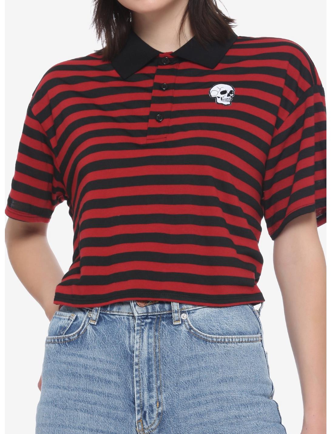 Skull Black & Red Stripe Oversized Girls Polo Shirt, STRIPE - RED, hi-res