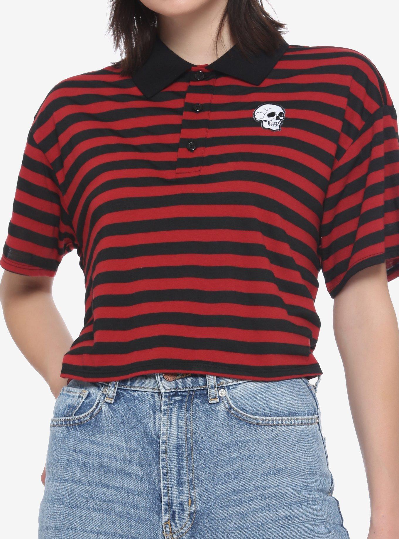 Skull Black & Red Stripe Oversized Girls Polo Shirt, STRIPE - RED, hi-res