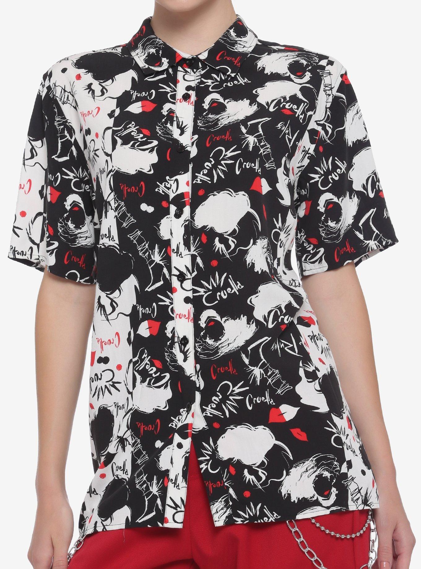 Her Universe Disney Cruella Black & White Oversized Girls Woven Button-Up, WHITE, hi-res