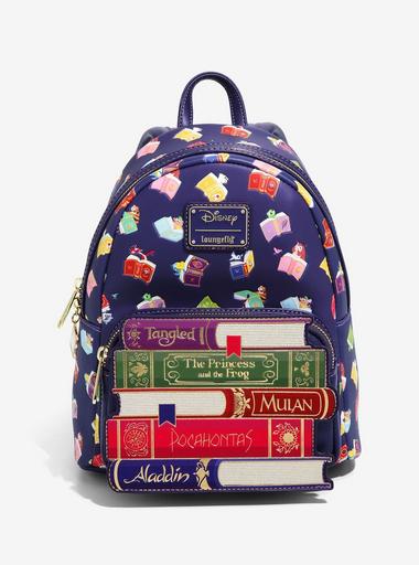 disney princess books aop mini backpack Triple Pocket – Roadkill13 at the top of the pile in gold is Beauty and the Beast Loungefly Disney Movies Books Mini
