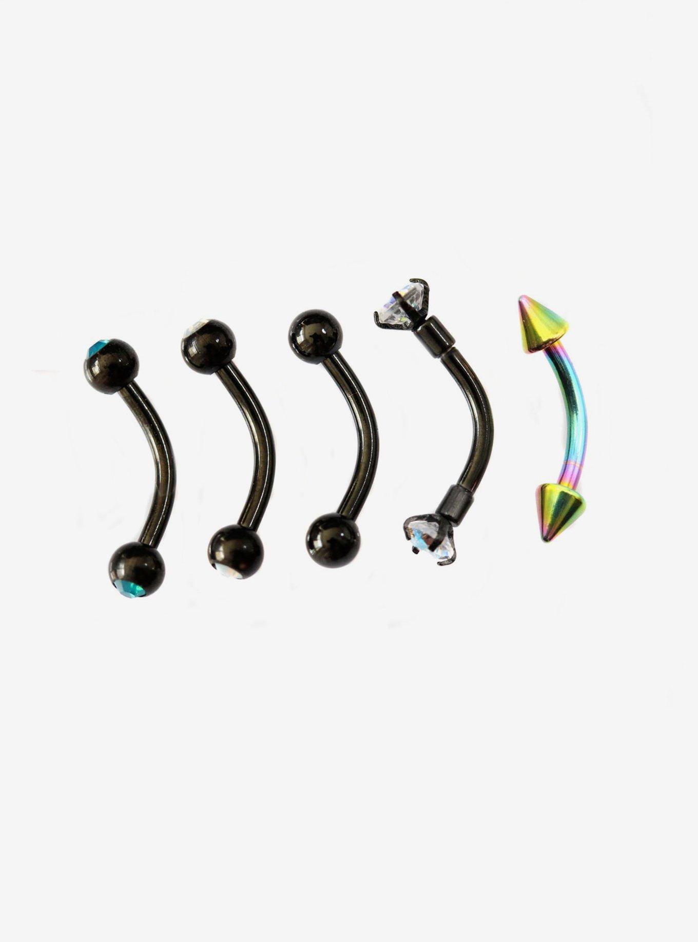 Steel Black & Rainbow Eyebrow Barbell 5 Pack, MULTI, hi-res