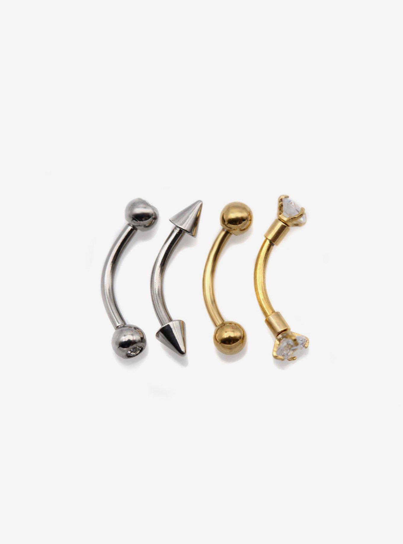 Steel Silver Gold Spike Eyebrow Barbell 4 Pack, MULTI, hi-res