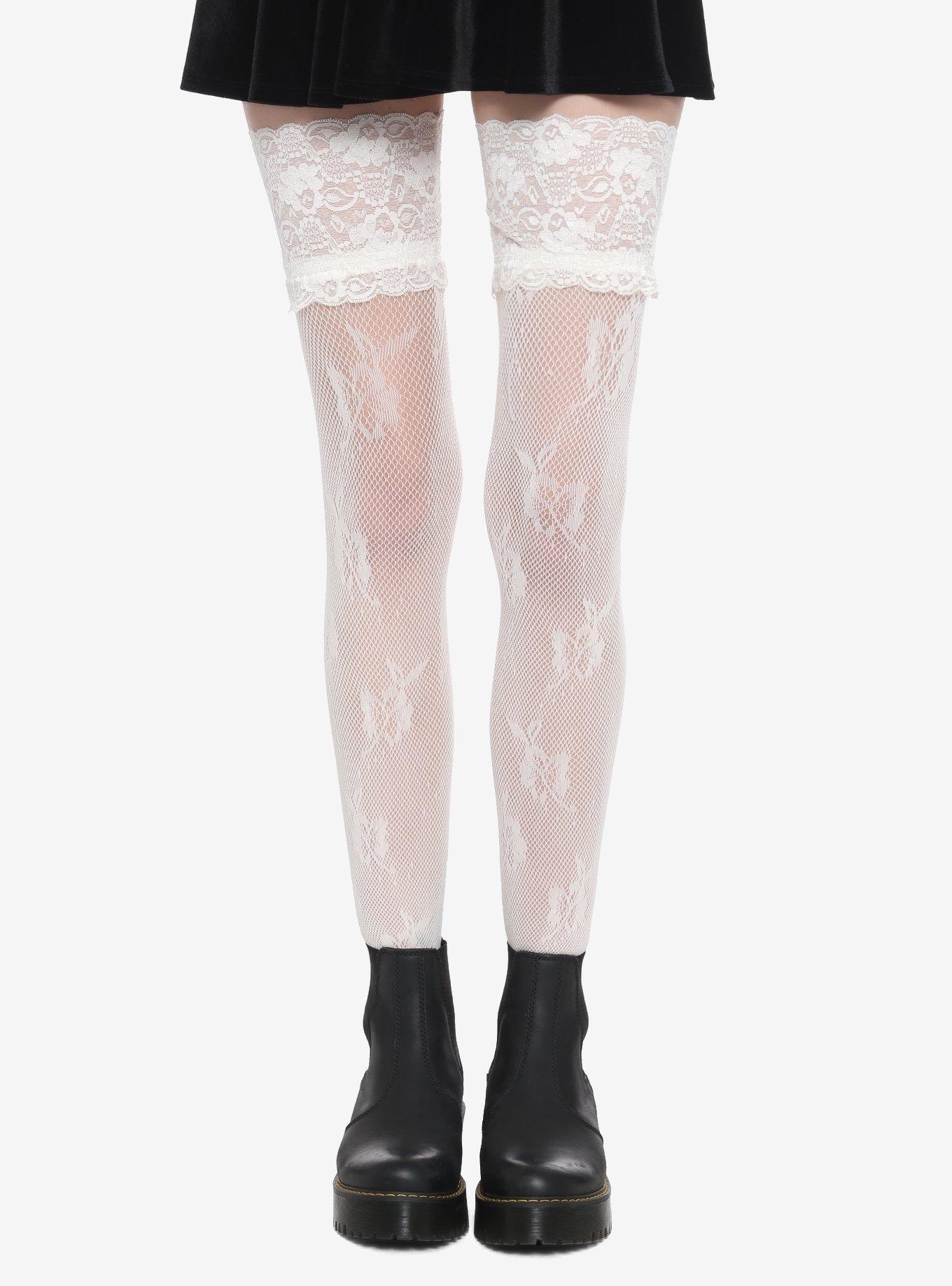 Cream Fishnet Lace Thigh Highs, , hi-res