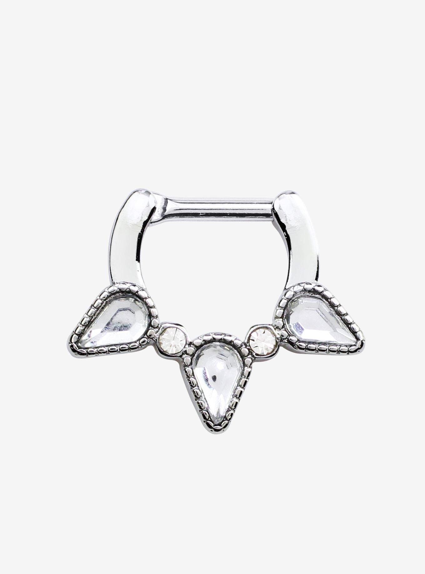 Steel & Teardrop Gem Septum Clicker, SILVER, hi-res