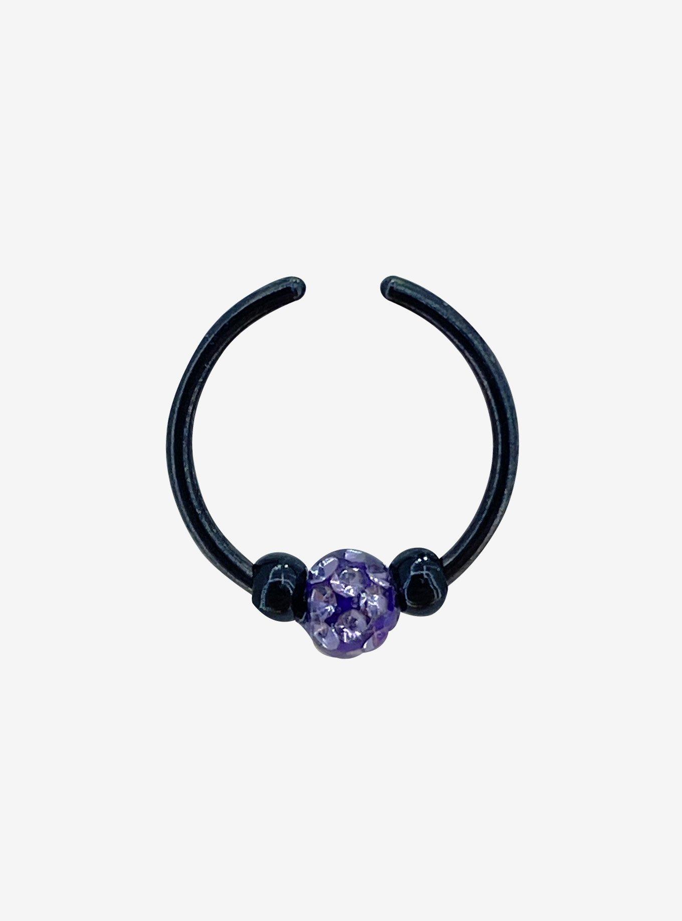 Steel Ball & Purple Stone Open Daith Hoop, BLACK, hi-res
