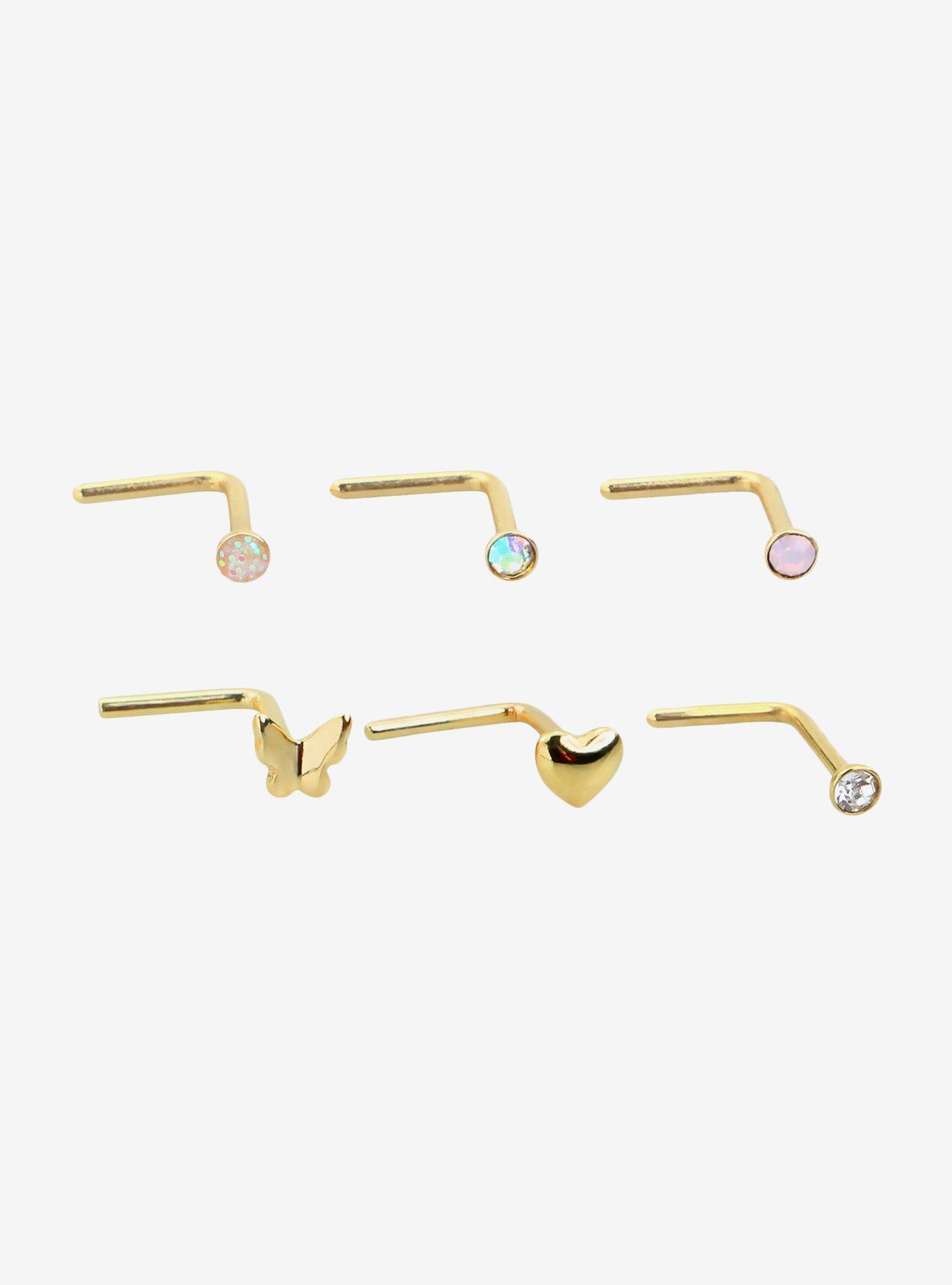 Steel Gold Butterfly & Heart Nose Stud 6 Pack, GOLD, hi-res
