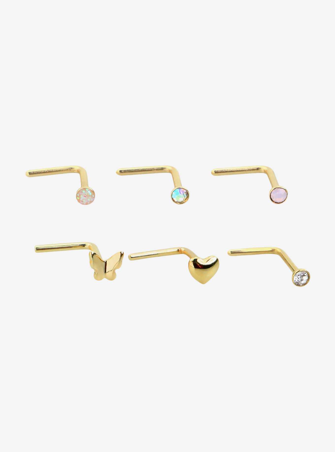 Steel Gold Butterfly & Heart Nose Stud 6 Pack, , hi-res