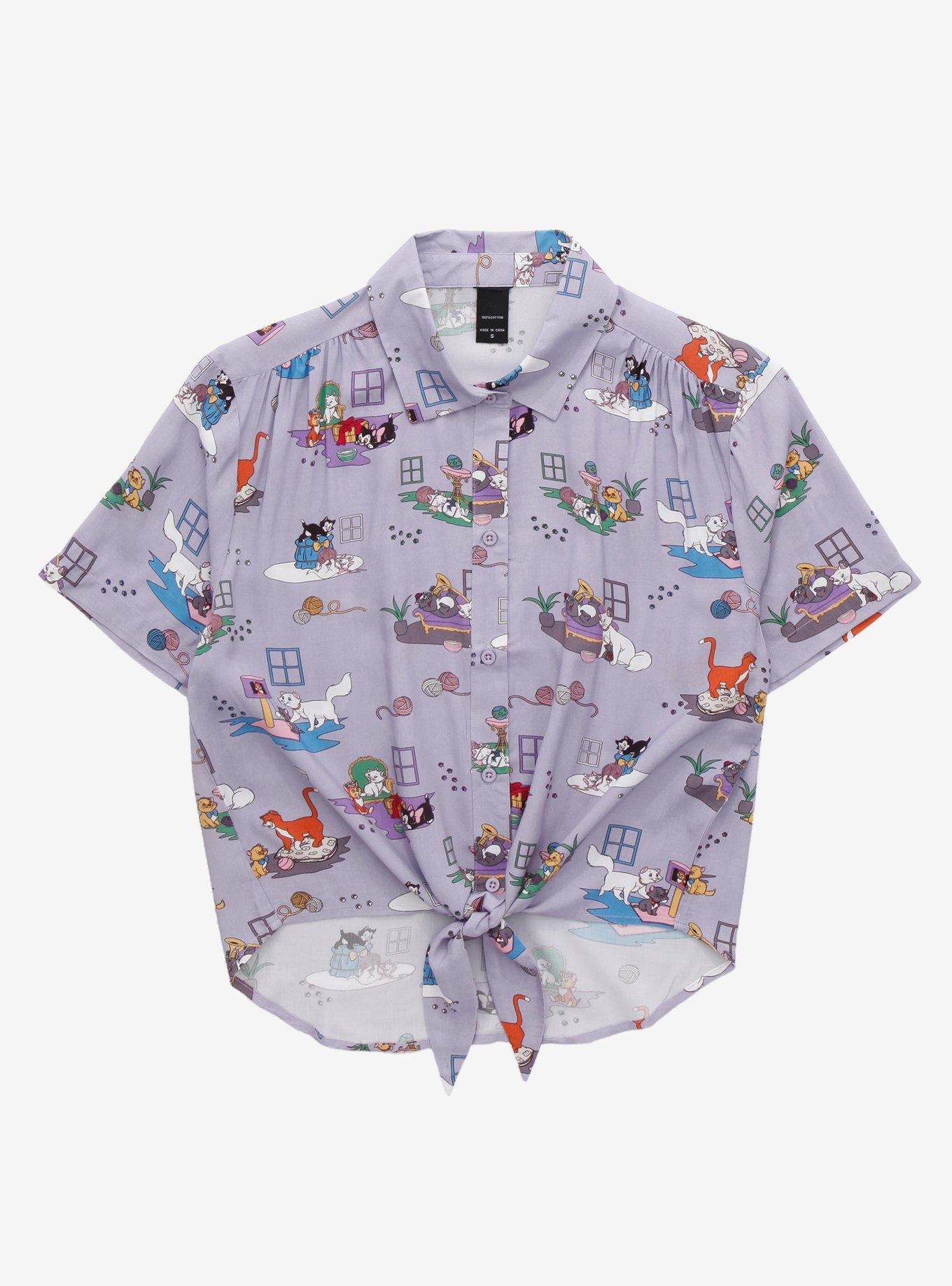 Disney Cats Women's Woven Tie-Front Top - BoxLunch Exclusive, LIGHT PURPLE, hi-res
