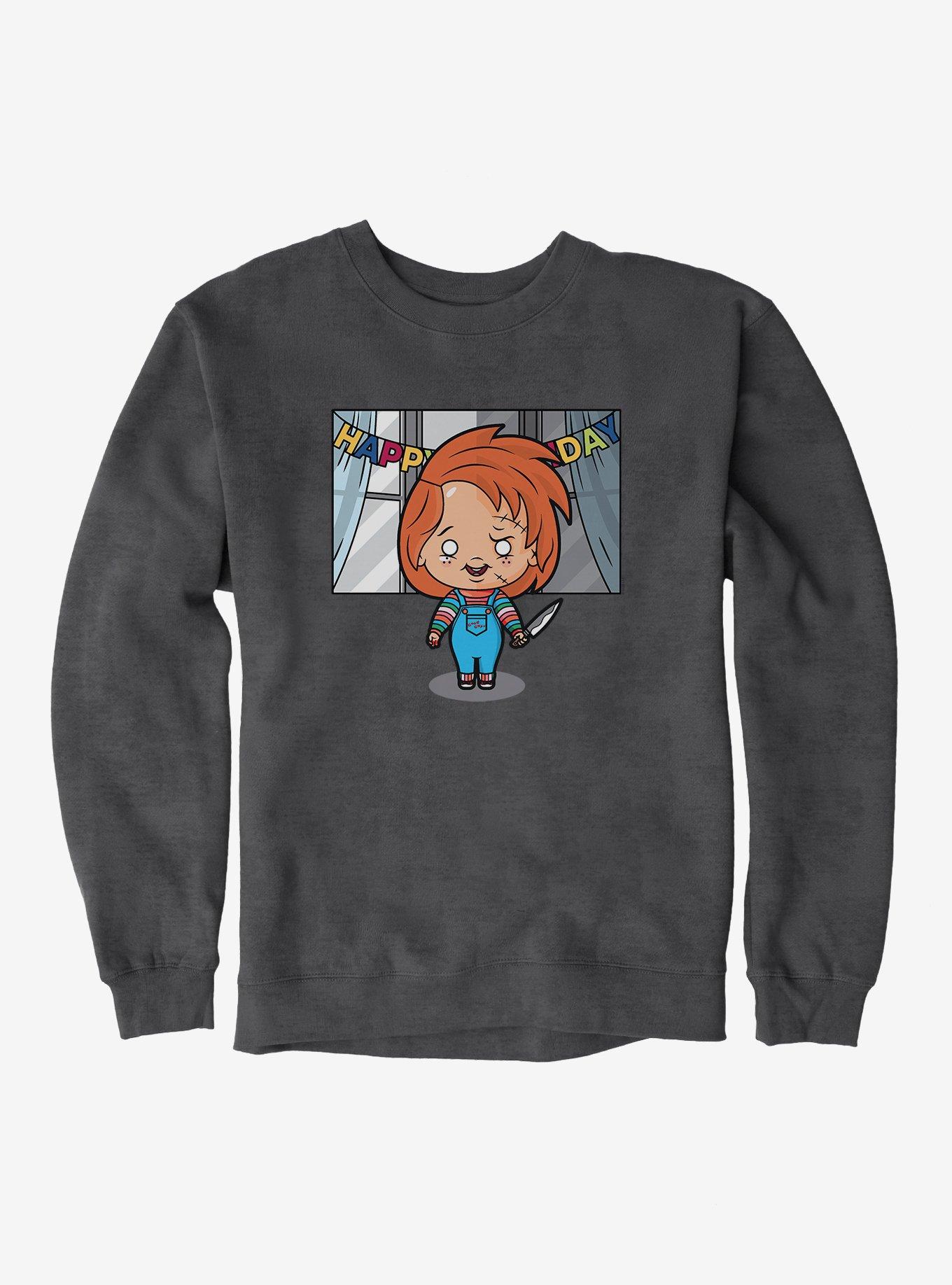 Chucky Animated Birthday Sweatshirt, CHARCOAL HEATHER, hi-res