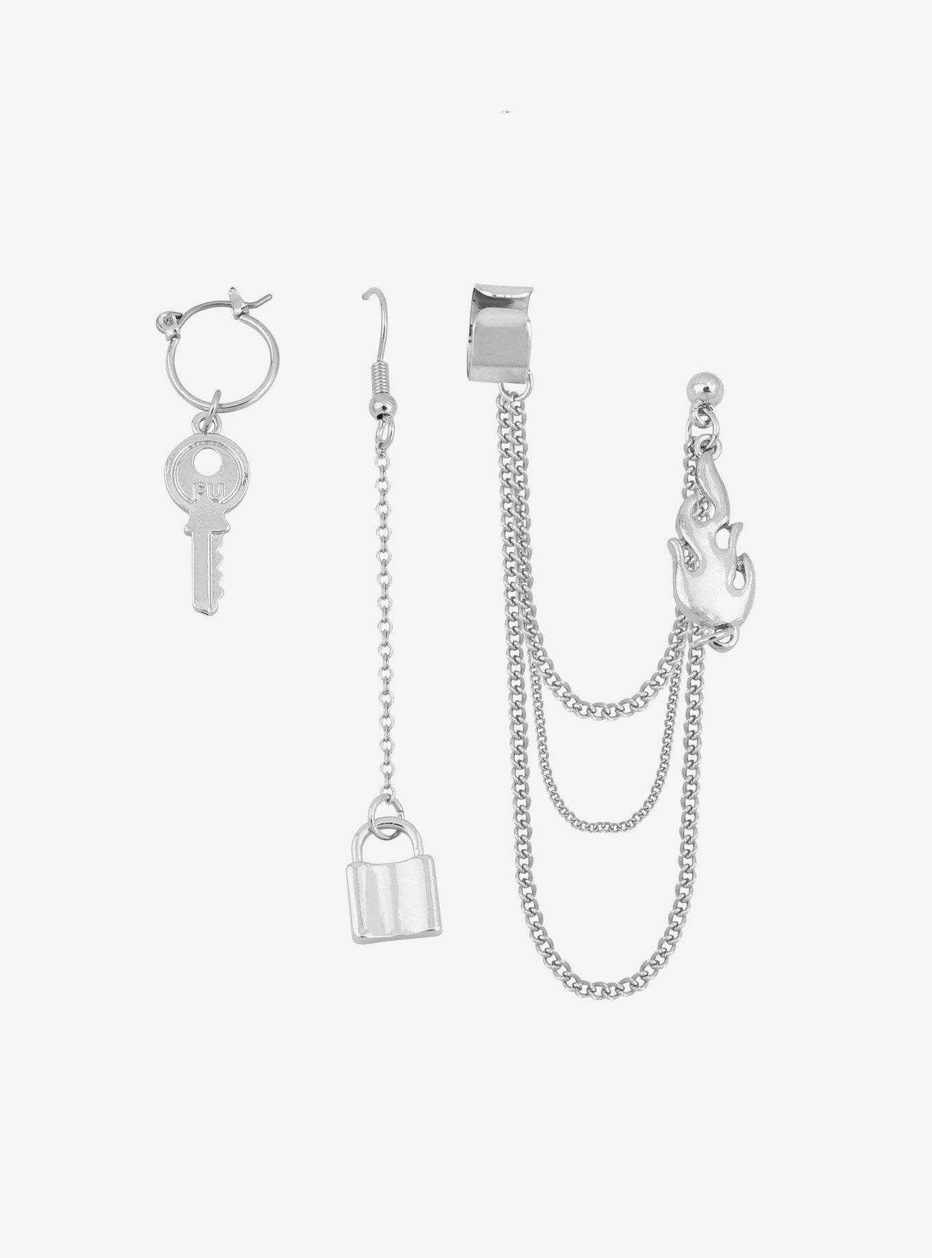 Key Padlock Flame Chain Cuff Earring Set, , hi-res