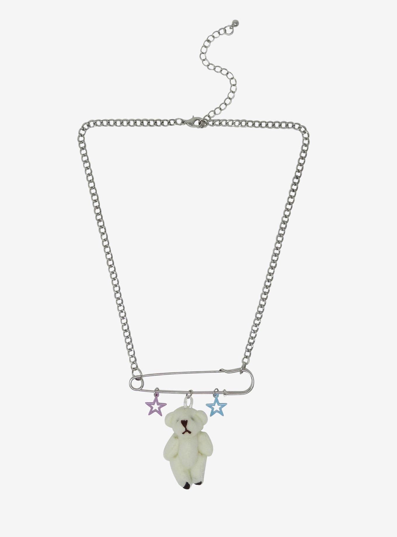 Plush Teddy Bear & Stars Safety Pin Chain Necklace, , hi-res