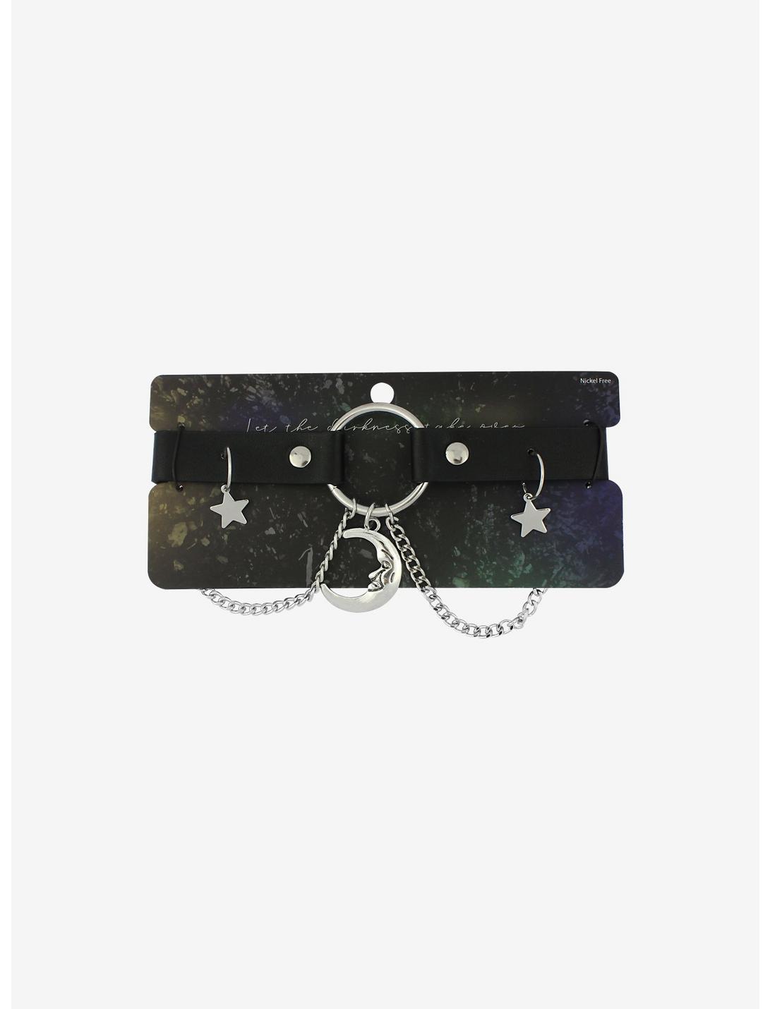 Faux Leather Moon & Star O-Ring Choker, , hi-res