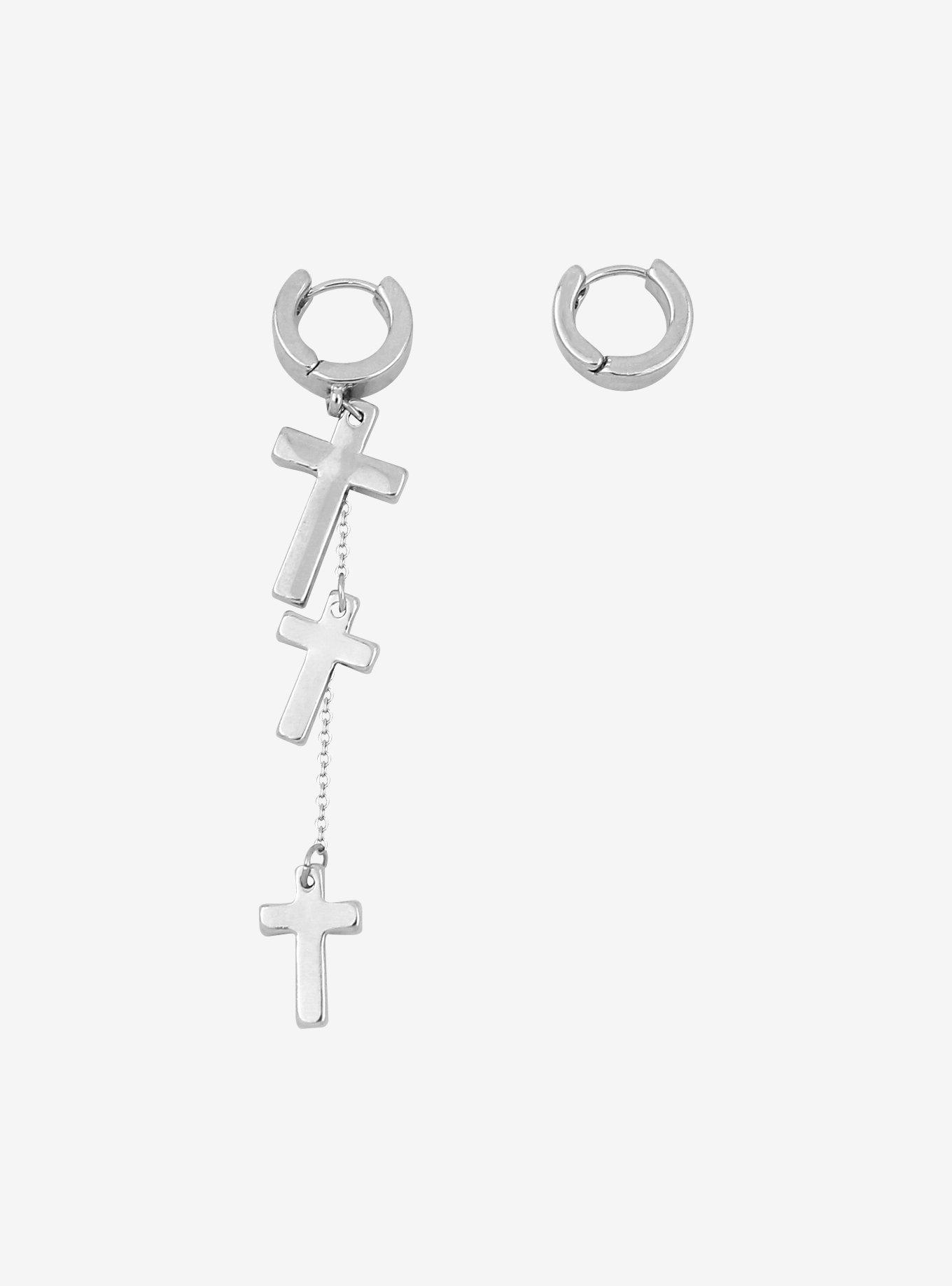 Silver Cross Mismatch Mini Hoop Earrings, , hi-res