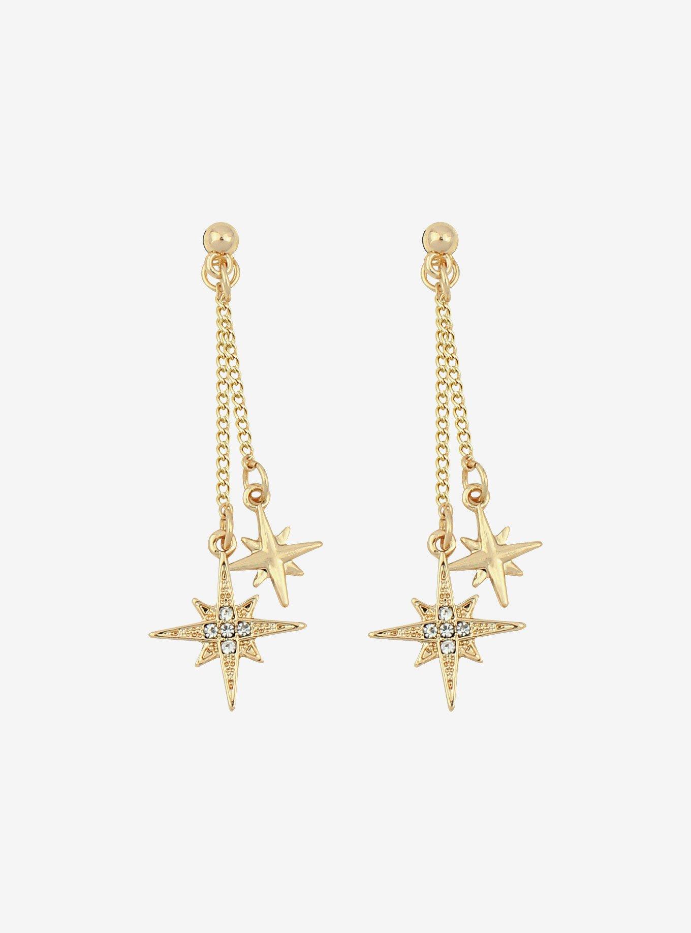Gold CZ Star Dangle Earrings, , hi-res