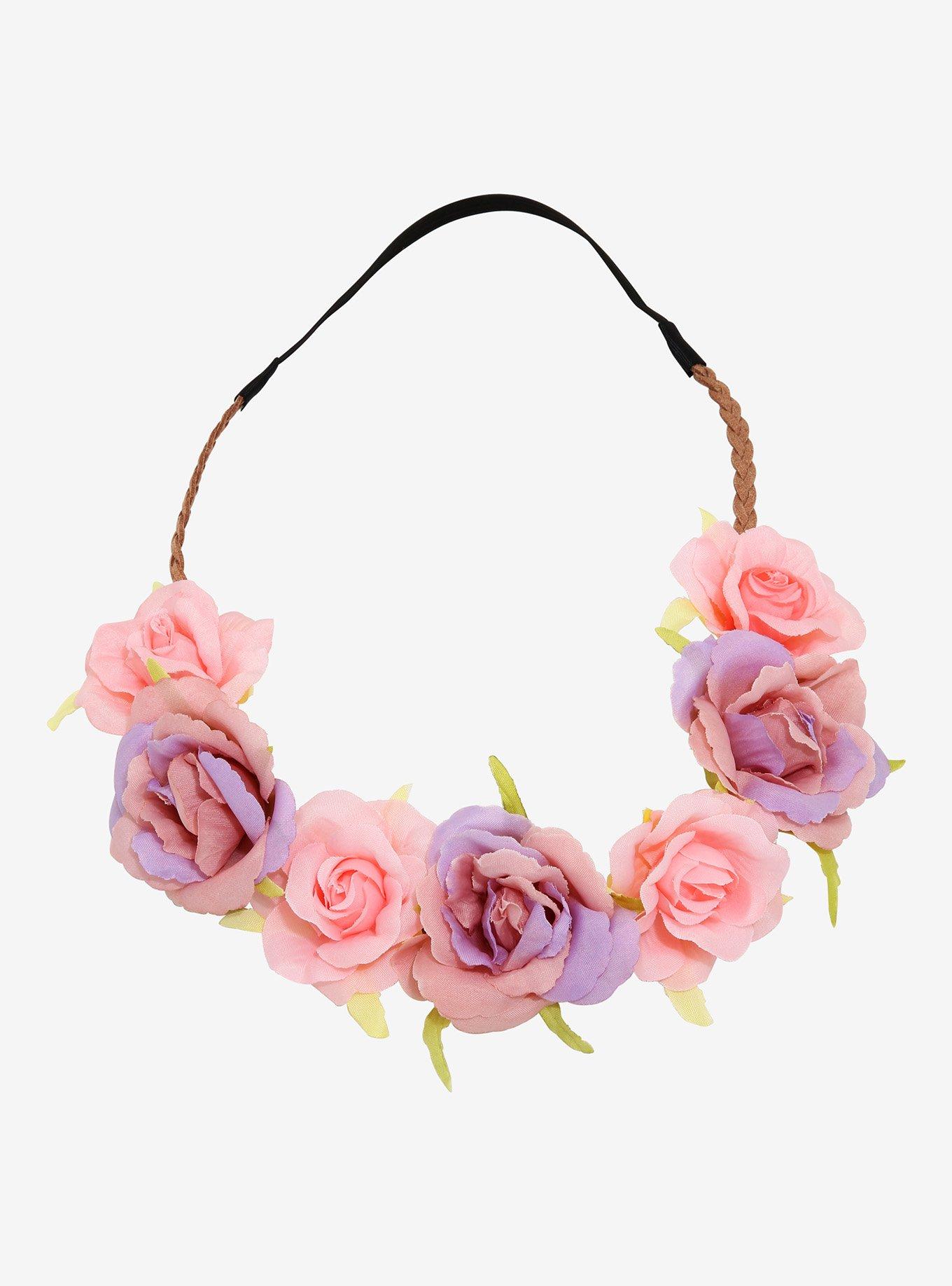 Pink & Lavender Rose Braided Elastic Headband, , hi-res