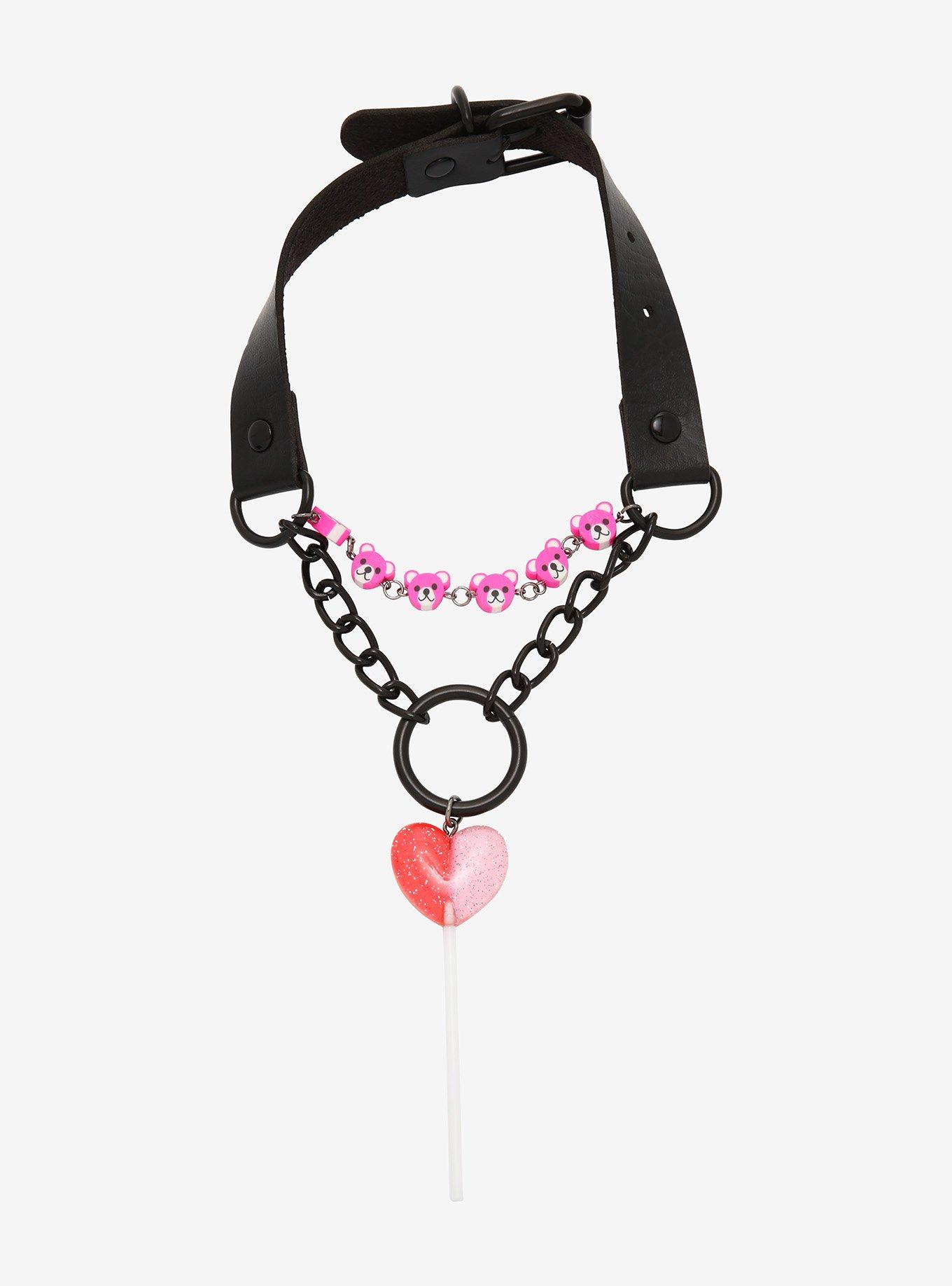 Heart Lollipop Pink Bear O-Ring Choker, , hi-res