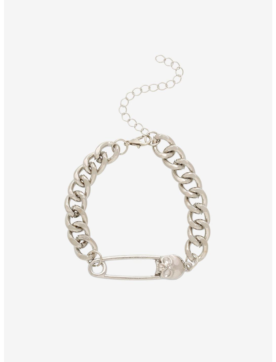 Silver Skull Safety Pin Chain Bracelet, , hi-res