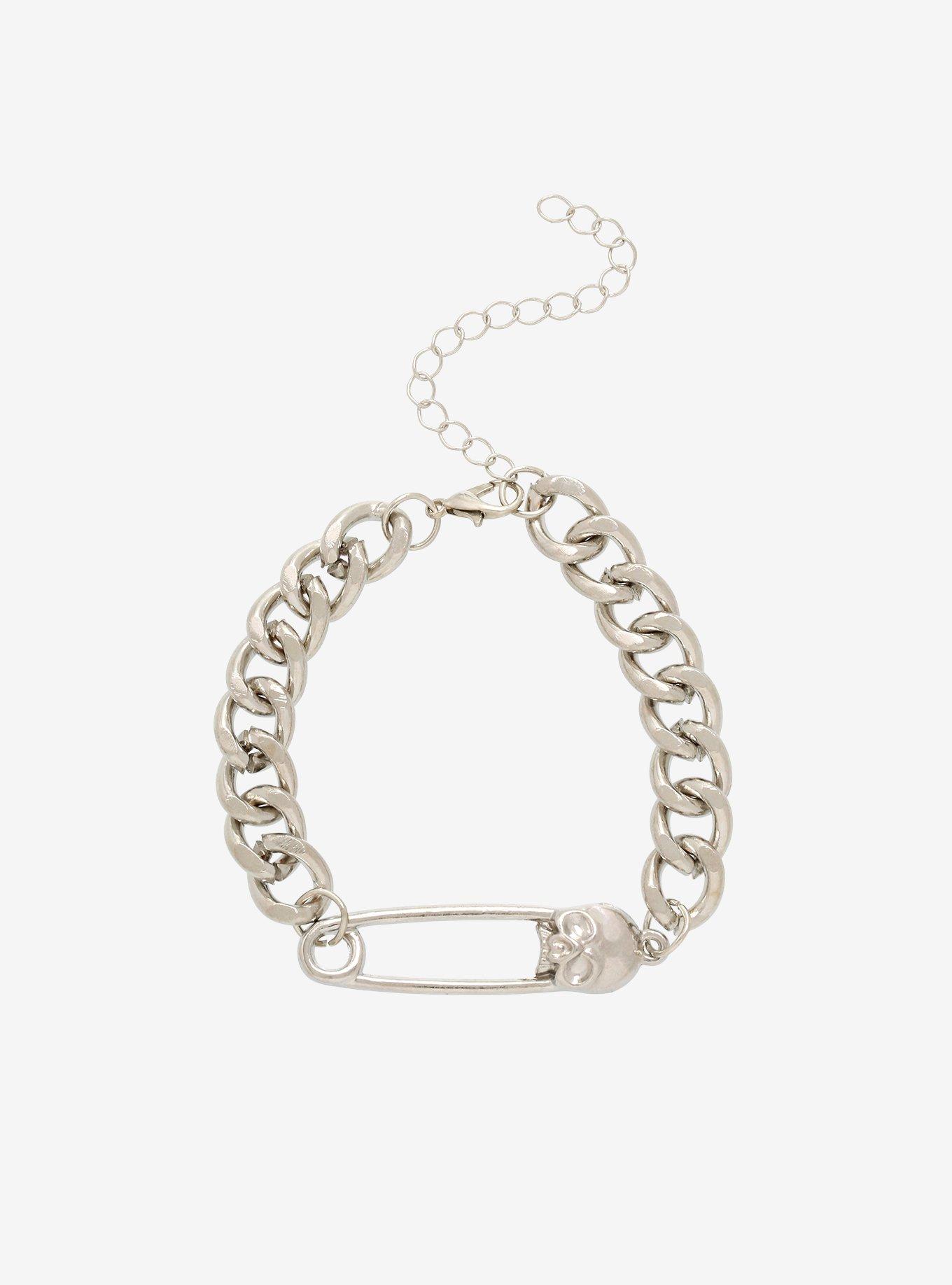Silver Skull Safety Pin Chain Bracelet, , hi-res