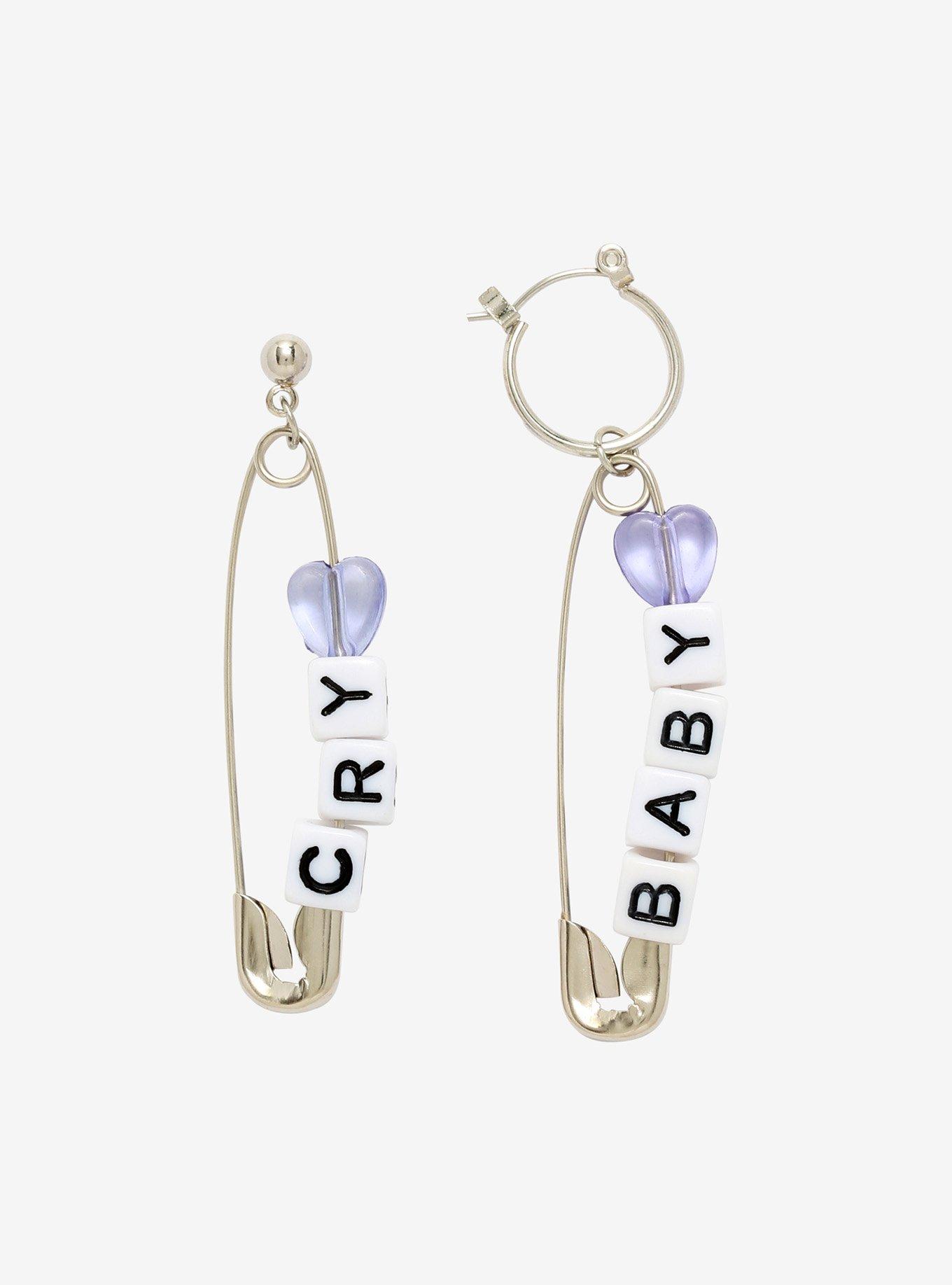 Cry Baby Letter Bead Safety Pin Drop Earrings Hot Topic