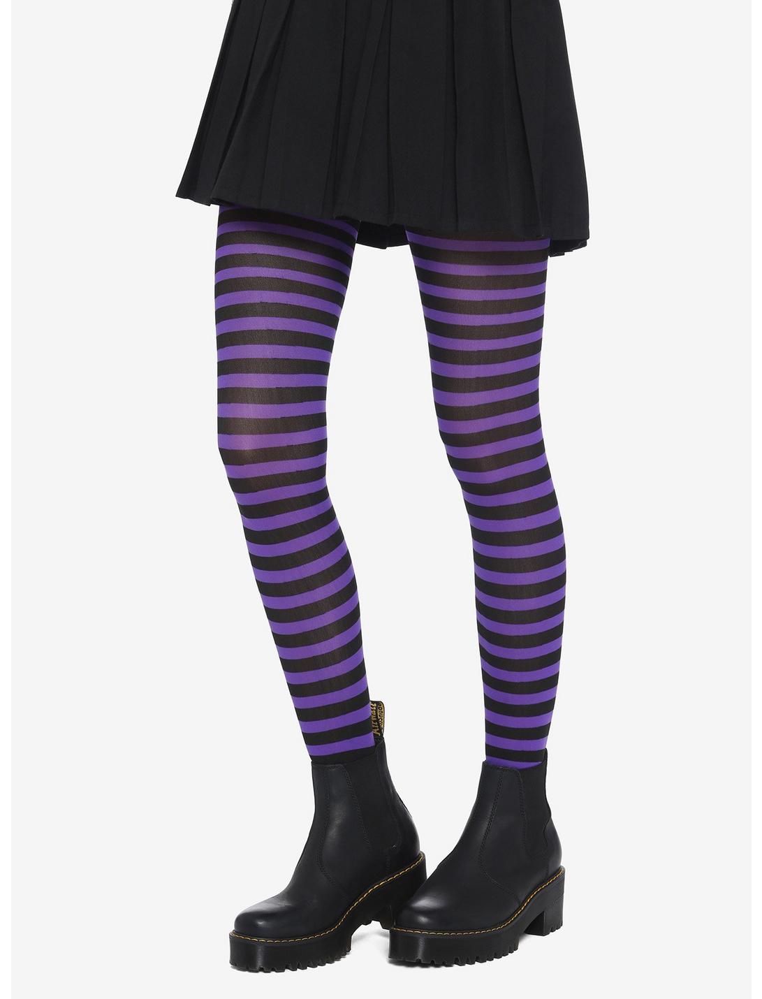 Purple Black Stripe Girls Tights 4 5 6 7 8 9 10 11 12 stripy witch halloween