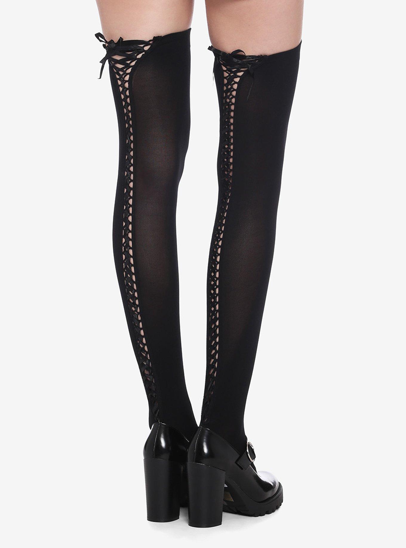 Black Lace-Up Thigh Highs, , hi-res