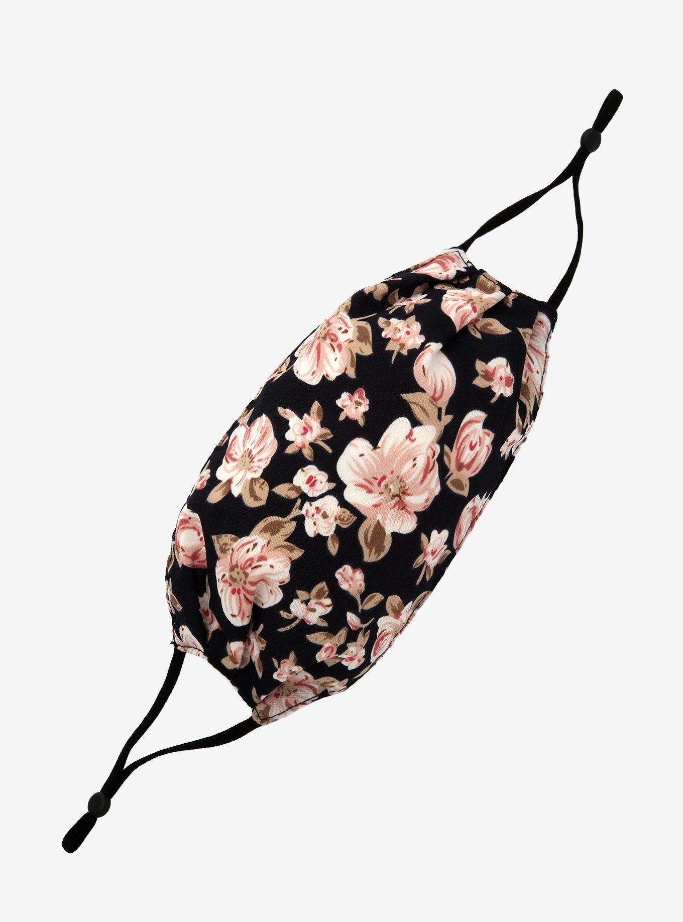 Black Floral Satin Fashion Face Mask, , hi-res
