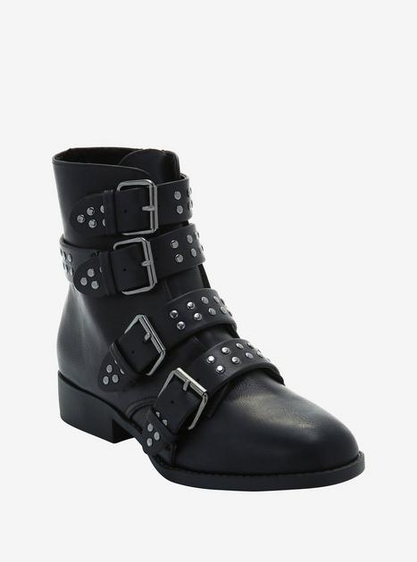 Black Buckle Studded Ankle Booties | Hot Topic