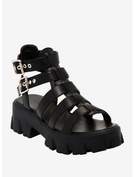 Plus Size Black Strappy Chunky Sandals, , hi-res