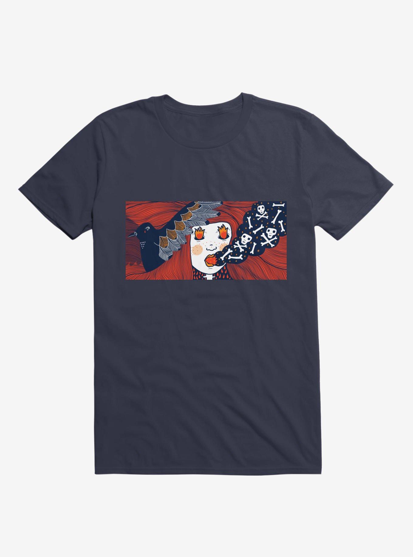 Future Thoughts Flame And Skull Smoke Navy Blue T-Shirt