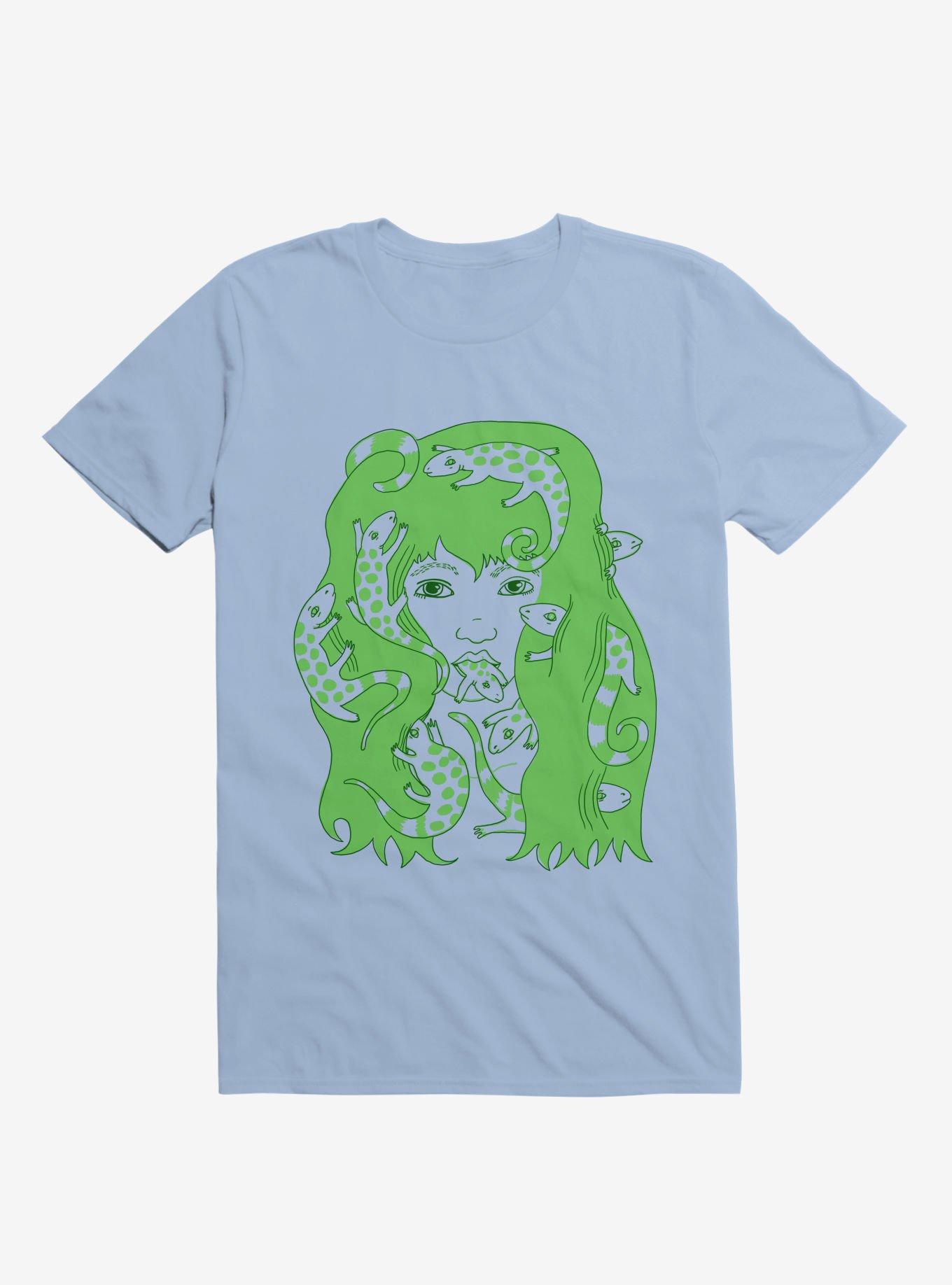 Green Lizard Eating Girl Lizzie Light Blue T-Shirt, , hi-res