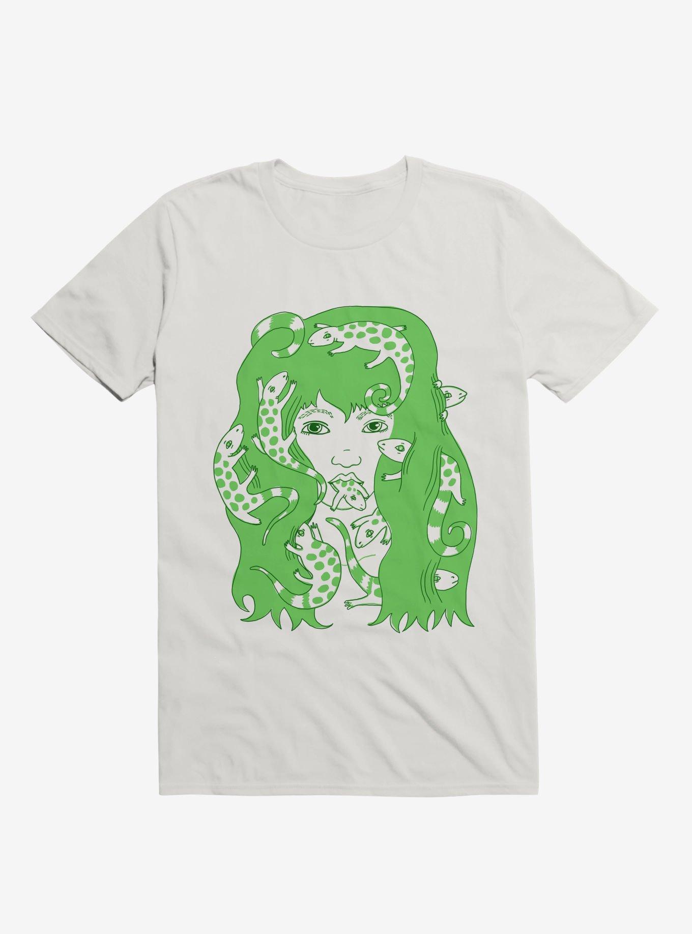 Green Lizard Eating Girl Lizzie White T-Shirt, , hi-res