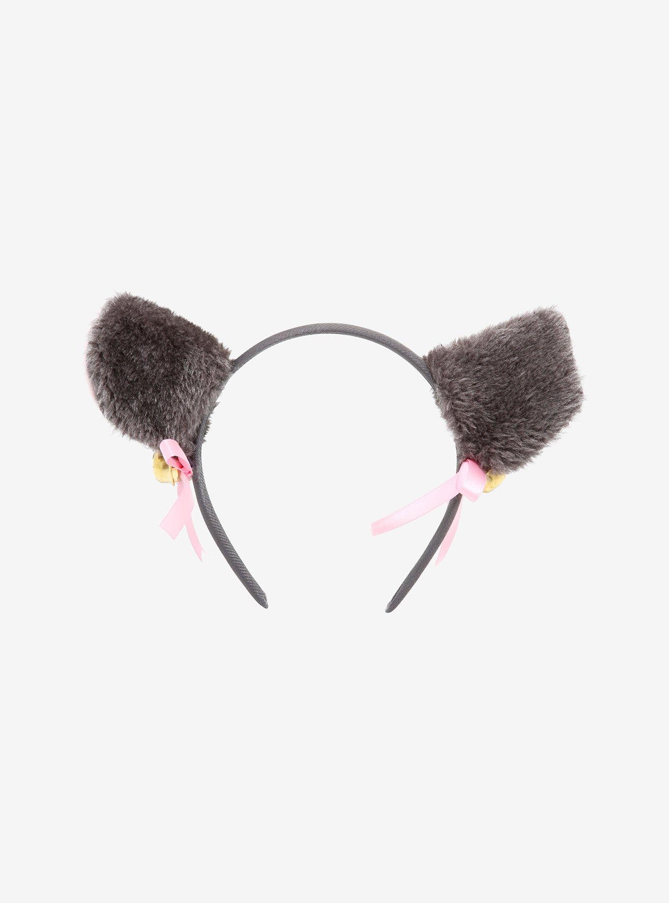 Grey & Pink Ribbon Bell Fuzzy Cat Ear Headband, , hi-res