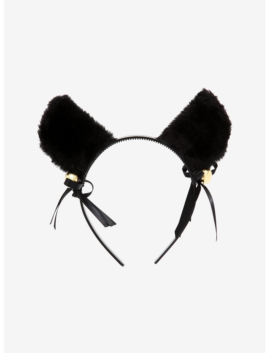 Black Ribbon Bell Fuzzy Cat Ear Headband, , hi-res