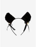Black Ribbon Bell Fuzzy Cat Ear Headband, , hi-res