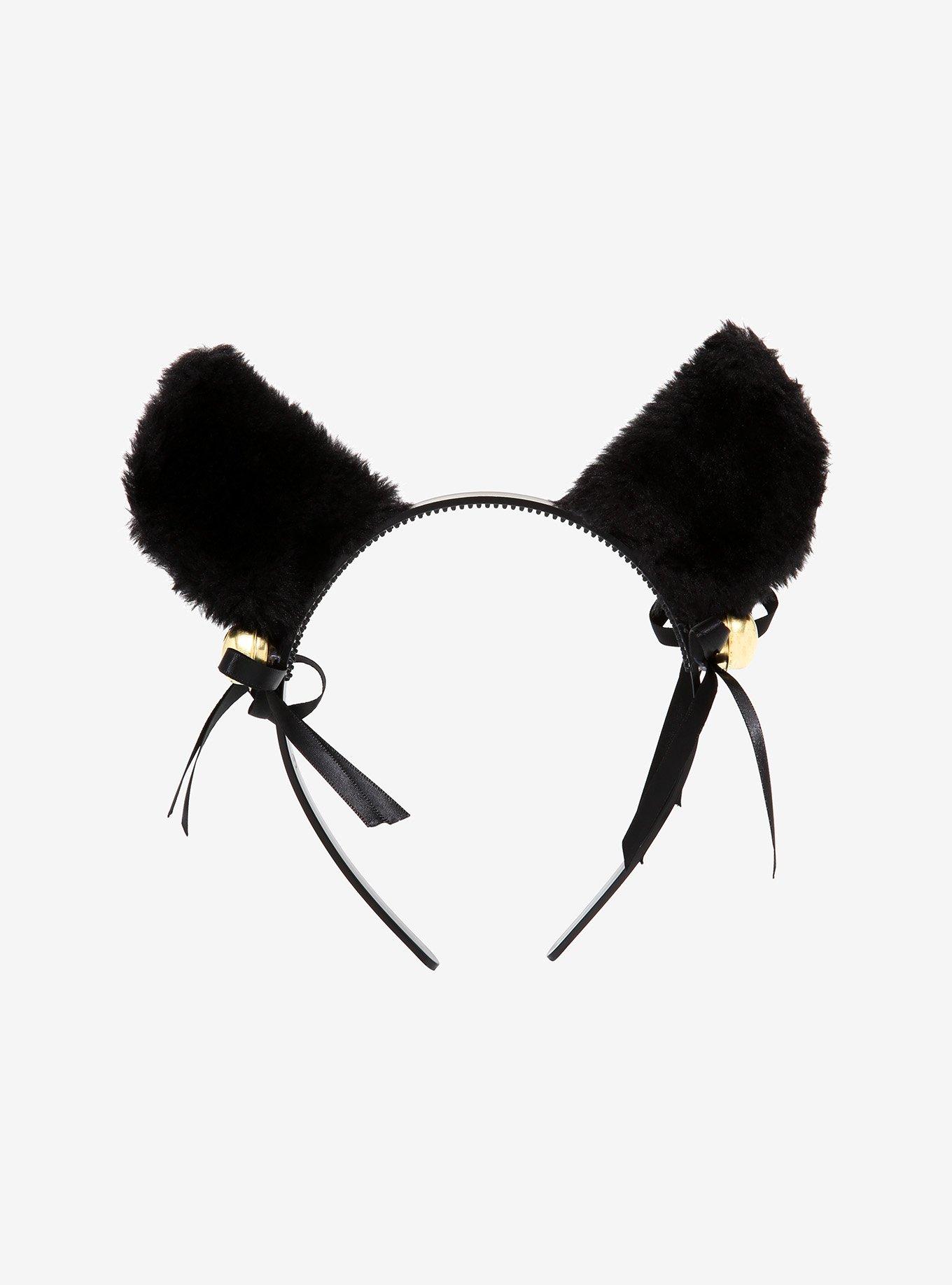 Black Ribbon Bell Fuzzy Cat Ear Headband | Hot Topic