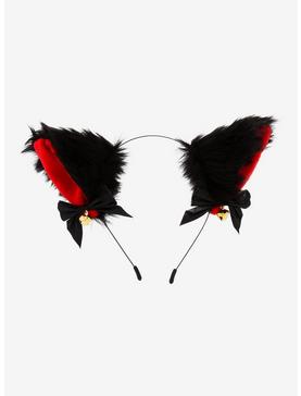 Black & Red Ribbon Bell Fuzzy Cat Ear Headband, , hi-res