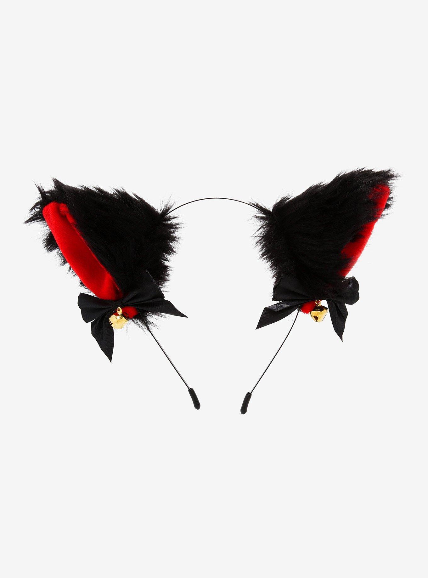 Black & Red Ribbon Bell Fuzzy Cat Ear Headband, , hi-res