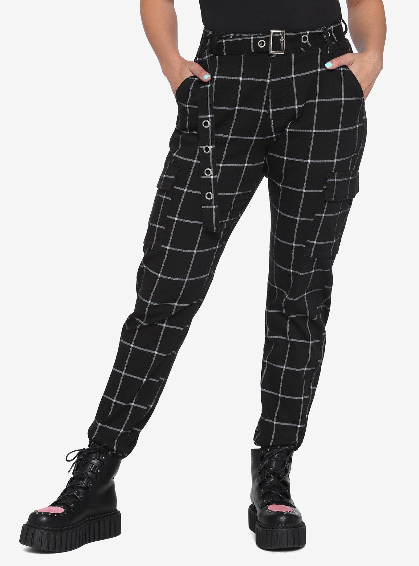 HT Denim Black & White Grid Print Cargo Jogger Pants With Grommet Belt