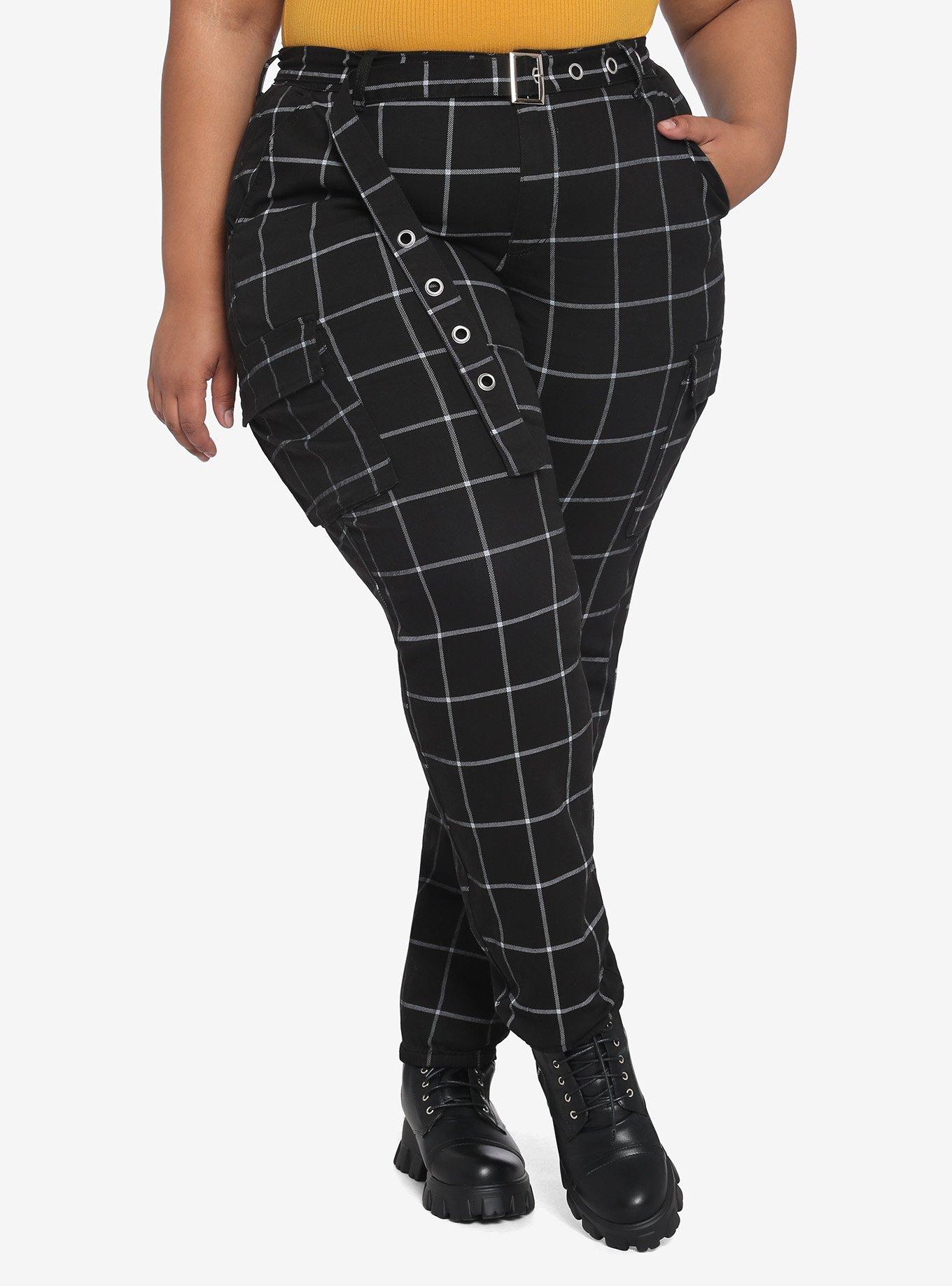 HT Denim Black & White Grid Print Cargo Jogger Pants With Grommet Belt Plus Size, MULTI, hi-res