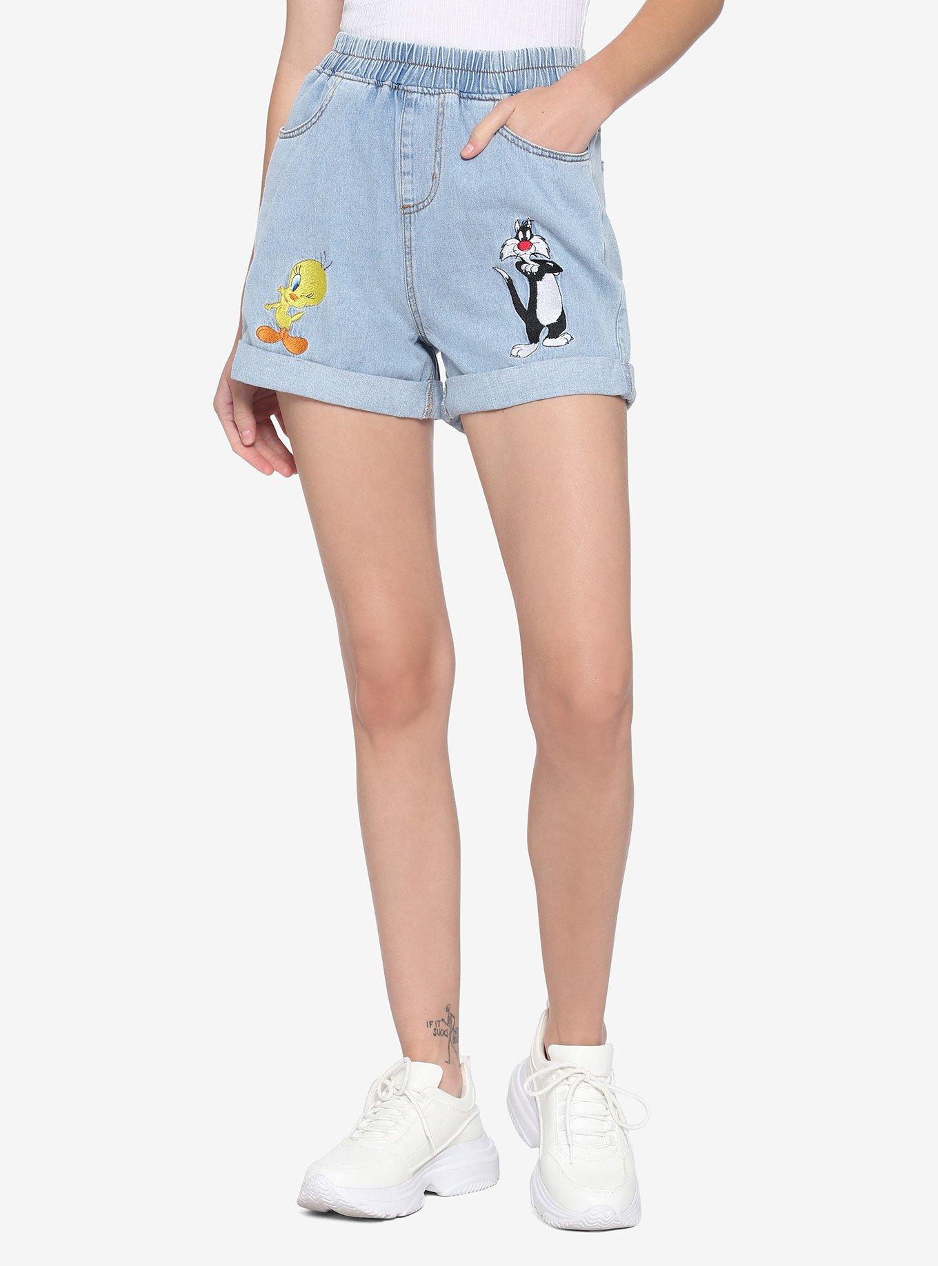 Looney Tunes Tweety And Sylvester High Waisted Elastic Denim Shorts Hot