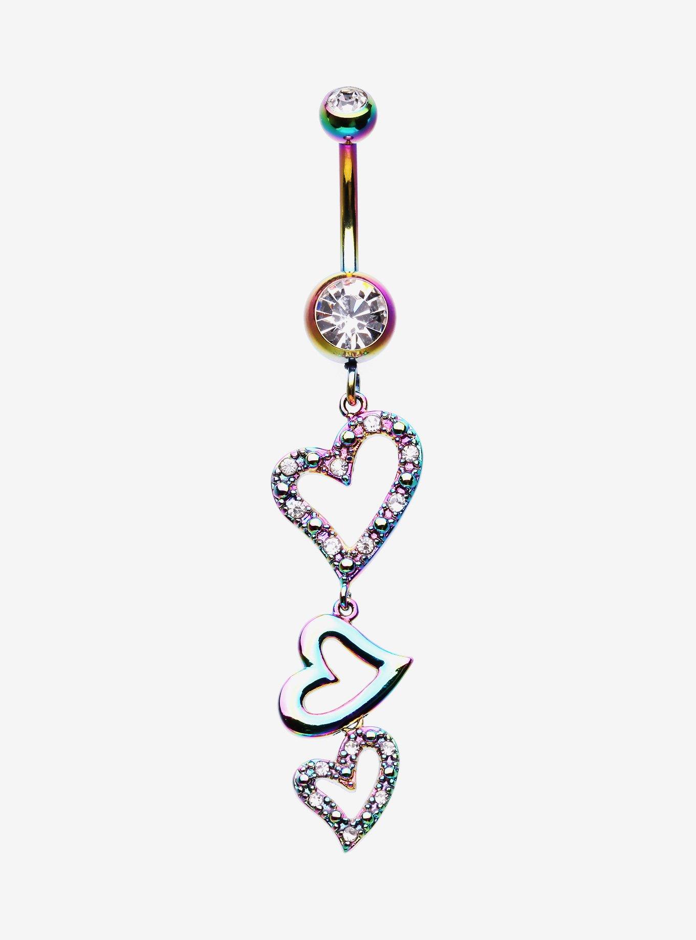 14G Anodized Rainbow Hearts Navel Barbell, , hi-res