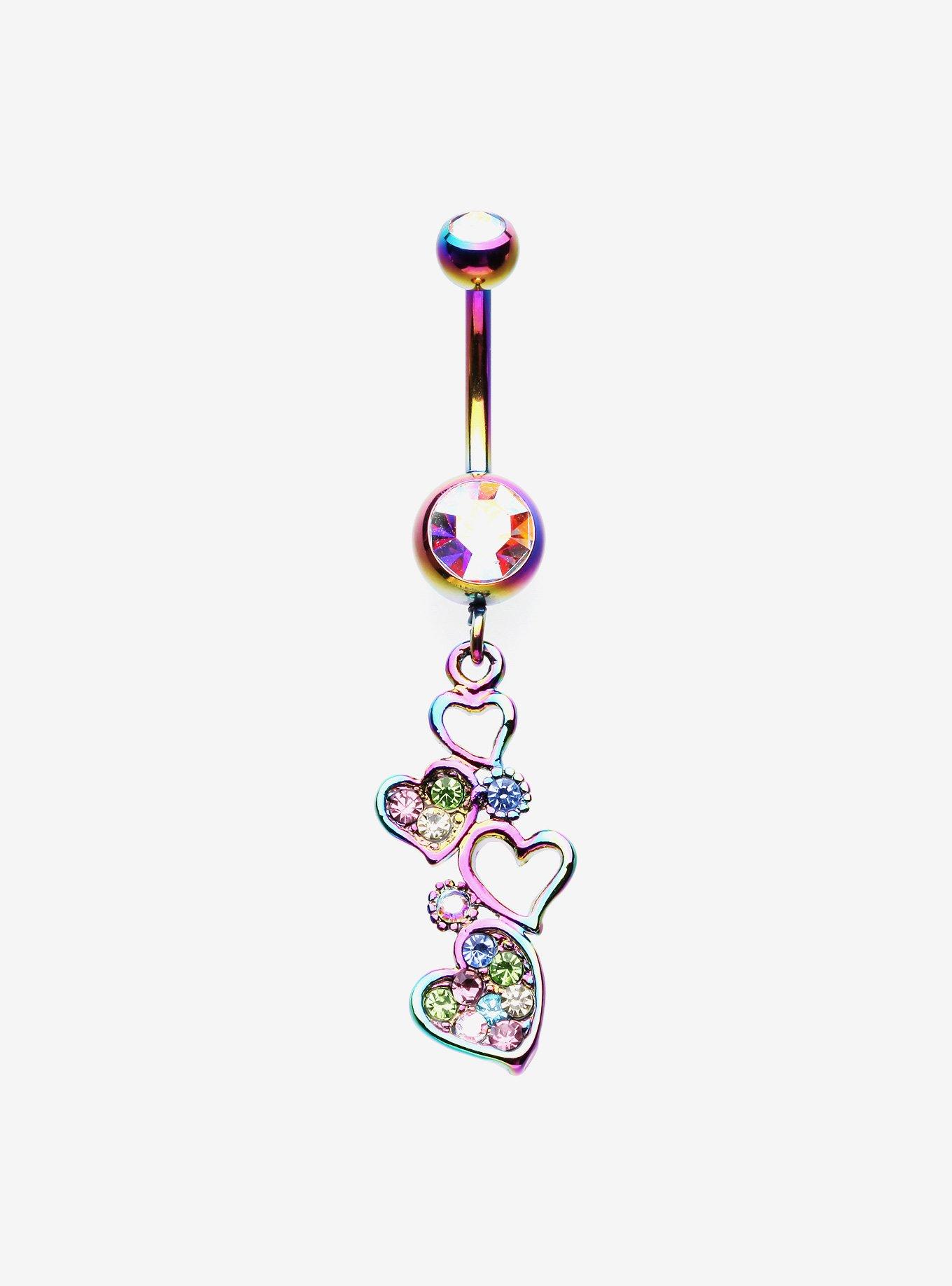 14G Anodized Rainbow Iridescent Hearts Navel Barbell, , hi-res