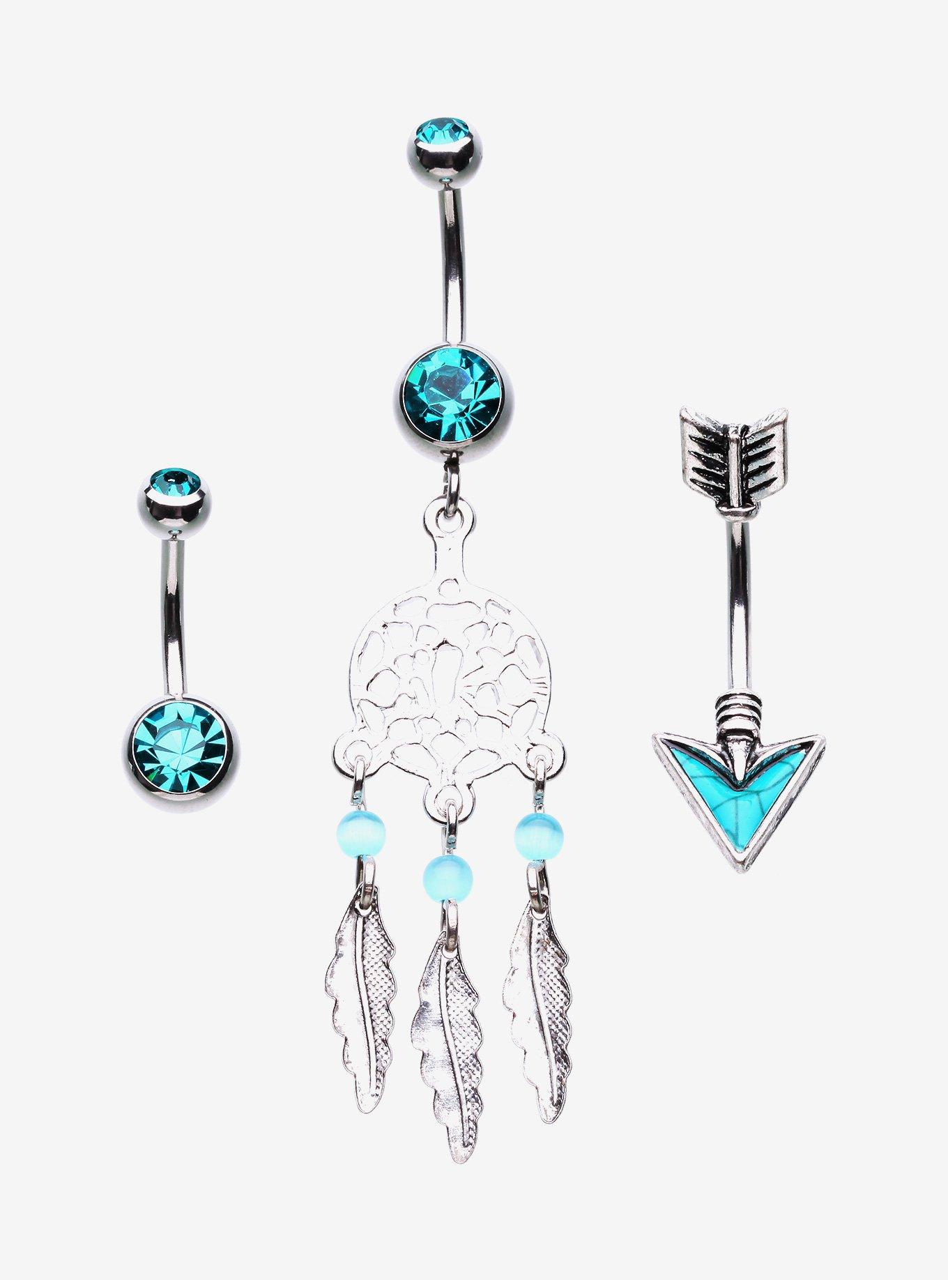14G Teal Turquoise Dreamcatcher Navel Barbell 3 Pack, , hi-res