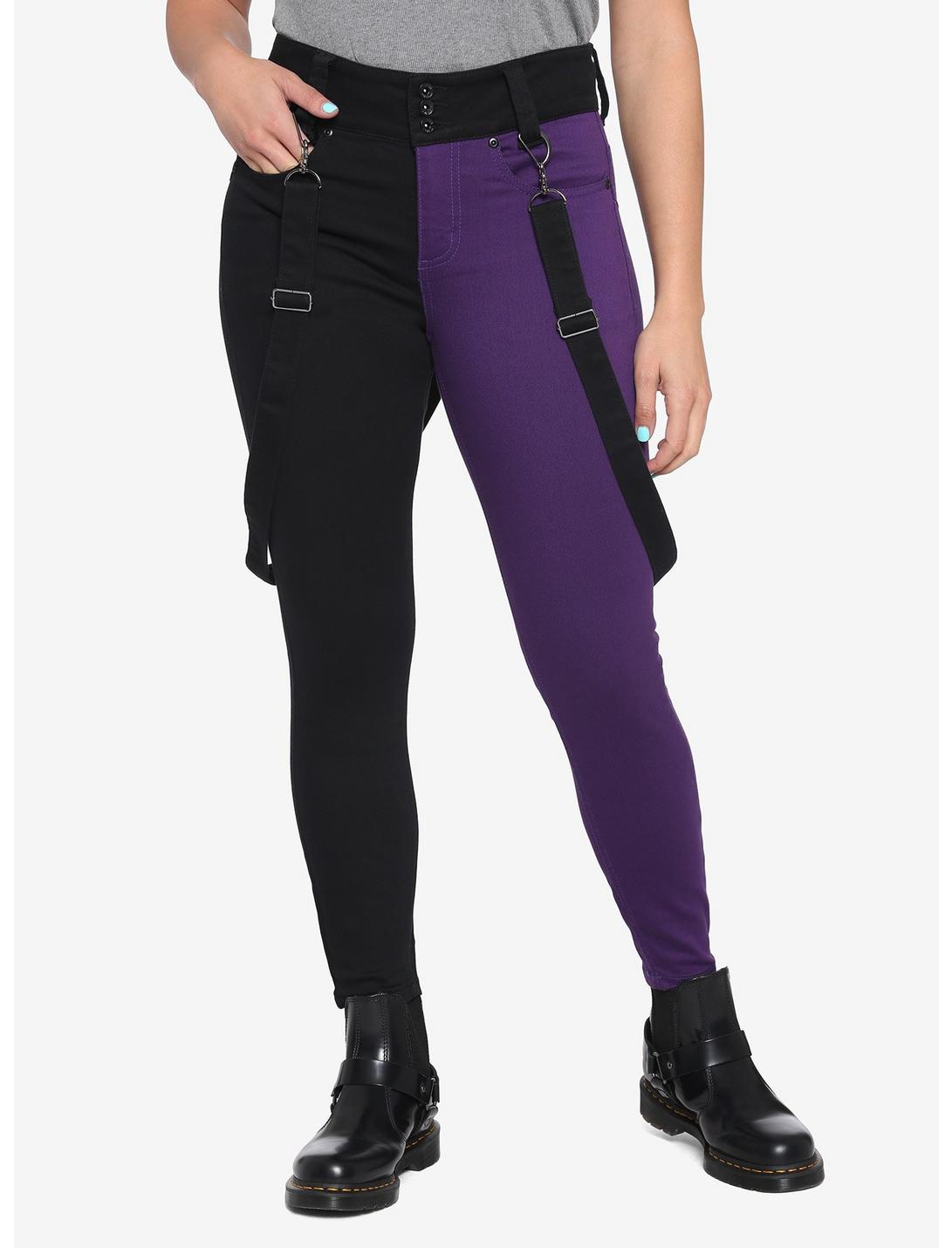 HT Denim Black & Purple Split Suspender Hi-Rise Super Skinny Jeans, MULTI, hi-res